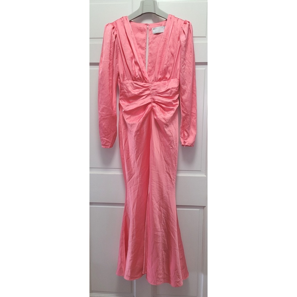 Asos Edition Women's Satin Plunge Ruched Waist Midi Dress - Pink - US Sz 6